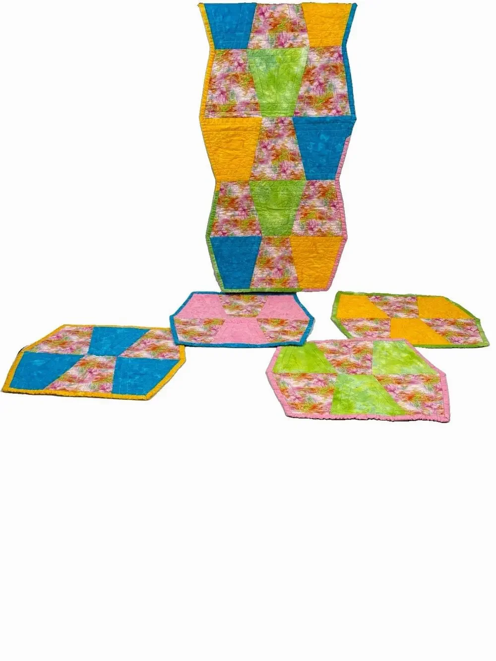 Handmade/ Quilted Mulitcolor And Pattern Set Of 4 Placemats W/ Matching Runner